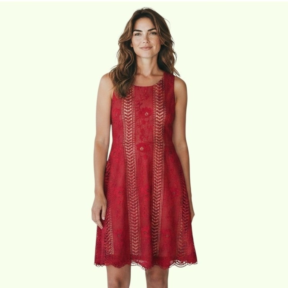Anthropologie Red Floral Lace Fit Flare Dress‎ Sleeveless Scalloped Hem 10P